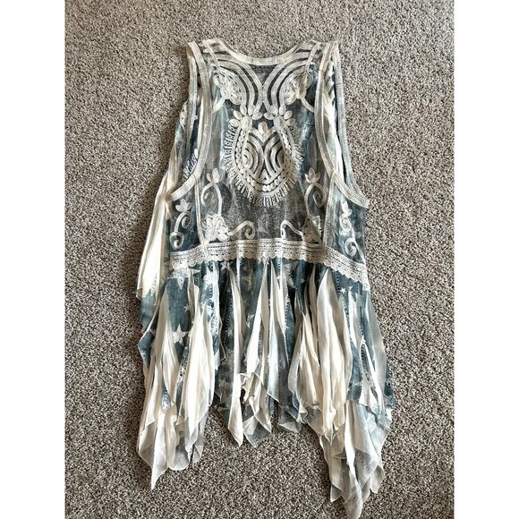 Origami By Vivian Womens Sz XL/L Sheer Lace Vest Draped Hem & Embroidered Detail - Picture 9 of 13